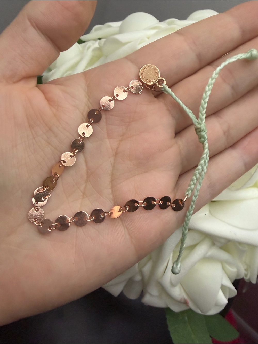 Rose Gold Disc Bracelet with Mint Cord - Women Jewelry - Picture 4 of 4